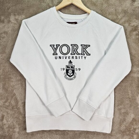 York University Sweatshirt Embroidered Crest Logo White Long Sleeve Womens Sz L - Picture 1 of 10